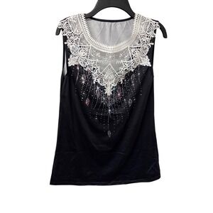 Whimsigoth Celestial Lace Inset Juniors Black Sleeveless Top Starburst Graphic